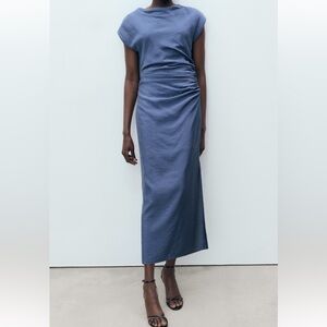 Mango Deep Blue Gathered Maxi Dress